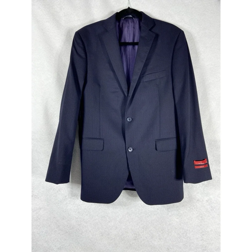 Red Saks Fifth Avenue 2PC Suit Mens 40R Blue Trim Fit Striped Via Manzoni Wool